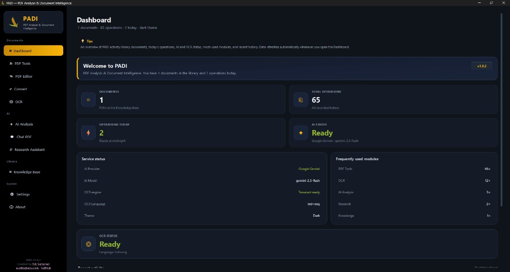 PADI application dashboard